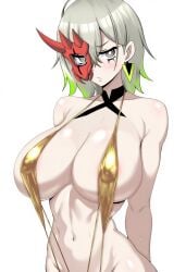 ai_generated bikini closed_mouth diabellestarr_the_dark_witch diabellstar_the_black_witch duel_monster earrings female female huge_breasts looking_at_viewer micro_bikini navel nervous short_hair silver_eyes silver_hair sweatdrop white_background yu-gi-oh!