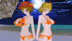 2girls 3d arms_behind_back big_breasts bikini blonde_hair brown_hair busty curvy female female_only half-closed_eyes hi_res huge_breasts large_breasts legs looking_at_viewer minoriko_aki multiple_girls navel orange_bikini seductive seductive_look seductive_smile sensual shizuha_aki short_hair siblings sideboob sisters smile thighs thong_bikini tomboy touhou voluptuous yellow_eyes