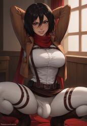 1futa 1futanari ai_generated ass attack_on_titan belt big_ass big_breasts big_butt big_hips big_penis black_eyes black_hair black_hair_female breasts brown_jacket bulge bulge_through_clothing cleavage clothed clothed_futanari clothing dick dickgirl eyebrows eyelashes futa_only futanari grin grinning grinning_at_viewer hair hands-free hands_behind_head huge_cock indoors jacket lips long_hair looking_at_viewer makeup medium_hair mikasa_ackerman muscular narrow_waist narrowed_eyes nose pants penis red_scarf scarf seducing seductive seductive_eyes seductive_gaze seductive_look seductive_mouth seductive_pose seductive_smile shingeki_no_kyojin shirt short_hair small_jacket smile smile_at_viewer smiley_face smooth_balls smooth_penis smooth_skin solo solo_dickgirl solo_focus solo_futa solo_futanari squatting straps testicles velonix white_pants white_shirt