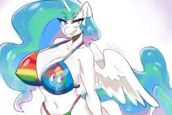 3:2 alicorn anthro big_breasts bikini bikini_top blue_hair breasts cleavage clothed clothing equid equine female friendship_is_magic green_hair hasbro hi_res horn huge_breasts kaikururu mammal my_little_pony mythological_creature mythological_equine mythology pink_hair princess_celestia_(mlp) rainbow_dash_(mlp) solo swimwear wings