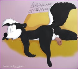 2010 anthro asthexiancal black_fur colored couch fur furry looney_tunes male male_only nude penis pepe_le_pew skunk sleeping smooth_fur solo stinkehund tagme tail warner_brothers white_fur