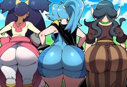 3girls ai_generated ass-to-ass big_ass bubble_butt clair_(pokemon) dark-skinned_female dark_skin dat_ass drasna_(pokemon) huge_ass huge_asscheeks iris_(pokemon) mature_female mullon novelai pokemon pokemon_bw pokemon_gsc pokemon_hgss pokemon_xy trait_connection trio