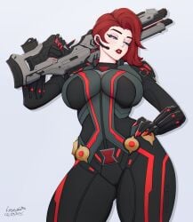 2d big_breasts black_widow_(marvel) black_widow_(marvel_rivals) blue_eyes breasts cape clothed clothes clothing curvaceous curvaceous_body curvaceous_female curvaceous_figure curvaceous_hips curvy curvy_body curvy_female curvy_figure curvy_hips eyelashes female female_focus female_only gun marvel marvel_comics marvel_rivals natasha_romanoff not_porn red_hair red_hair rosewald1929 suit thick_thighs thighs tight_suit