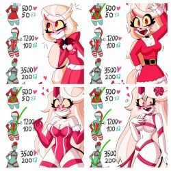 blonde_hair blonde_hair blush charlie_morningstar_(hazbin_hotel) christmas christmas_outfit comic_panel hazbin_hotel ribbon ribbon_bondage strip_game the_titan_draw