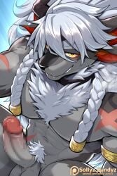 1boy abs bara braid chest_fur cross_scar dislyte english_commentary erection fangs furry furry_male grin horns looking_at_viewer male_focus male_only multi_ear muscular muscular_male navel patreon_logo patreon_username pectorals penis pubic_hair scar scar_on_arm scar_on_stomach single_horn smile sollyz sui_zai_(beast_nian)_(dislyte) sui_zai_(dislyte) testicles topless_male white_hair