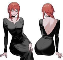 1girls absurdres back bare_back big_ass big_breasts black_choker black_dress breasts chainsaw_man choker closed_mouth collarbone dress earrings female from_behind highres jewelry long_hair long_sleeves looking_at_viewer makima_(chainsaw_man) medium_breasts multiple_views red_hair red_nails sidelocks sitting smile yellow_eyes zeon_(zzeeonn)