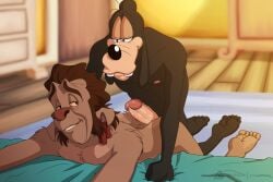 3:2 anthro black_nose bodily_fluids canid canine canis delbert_doppler disney domestic_dog duo erection feet fur genital_fluids genitals goof_troop goofy_(disney) grinding hair hi_res hot_dogging humanoid_feet humanoid_genitalia humanoid_penis male male/male mammal nipples nude penile penis plantigrade precum prismanoodle_(artist) sex smile soles tail toes treasure_planet