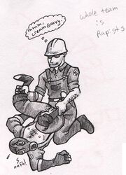 2boys anal_penetration anal_rape anal_sex bundog engineer erection exposed_nipples facial_hair flying_sweatdrops gasmask gay glove goggles hairy_balls hard_hat head_down_ass_up holding_legs legs_held_open licking_lips open_clothes overalls penis_out pyro pyro_(team_fortress_2) team_fortress_2 thought_bubble yaoi