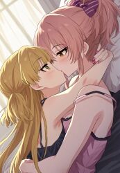 ai_generated arms_around_partner blonde_hair blush fully_clothed idolmaster incest jougasaki_mika jougasaki_rika kissing orange_eyes pink_hair sisters yellow_eyes yuri