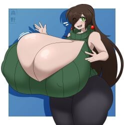 cleavage covered_erect_nipples covered_nipples flying_sweatdrops gigantic_breasts hyper_breasts logo nervous_smile original original_character takano_(artist) thick_thighs top_heavy undersized_clothes vannie_(takano) wide_hips worried