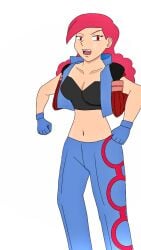 1girls angry belly_button black_tank_top blue_gloves captured collarbone gloves large_breasts light-skinned_female light_skin long_hair mature_female midriff navel pink_hair pokemon pokemon_rse red_eyes shelly_(pokemon) shelly_(pokemon_rse) team_aqua team_aqua_uniform villainess