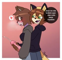 2boys anthro blush breath butter cum dressed embarrassed femboy forced_masturbation forced_orgasm gloves_(marking) grin hair_between_eyes heart_eyes hoodie looking_at_partner male/male male_masturbation masturbating_other oc orgasm panqueik panqueik_(panqueik) raccoon seductive_look seductive_smile simple_background spanish_text text