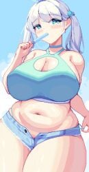 blue_eyes blue_shorts blue_sky blush breasts cleavage commentary female food food_in_mouth hair_bobbles hair_ornament highres huge_breasts looking_at_viewer medium_hair navel original outdoors piaomao pixel_art plump popsicle popsicle_in_mouth short_shorts shorts sky solo tank_top two_side_up white_hair