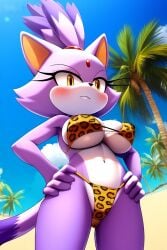 1female ai_generated animal_print animal_print_bikini big_breasts bikini bikini_top blaze_the_cat blush female female_only furry furry_female furry_only hands_on_hips navel pose solo solo_female sonic_(series) sonic_the_hedgehog_(series) thong thong_bikini viewed_from_below