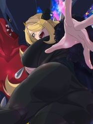 1girls ass big_breasts black_coat black_sclera blonde_hair breasts cleavage coat collarbone colored_sclera cynthia_(pokemon) dragon female fur-trimmed_coat fur-trimmed_sleeves fur_collar fur_trim garchomp grey_eyes hair_over_one_eye highres large_breasts long_hair long_sleeves mattsun_(lyohei) mattsunart open_mouth pokemon pokemon_(creature) pokemon_dppt shark sharp_teeth spikes teeth very_long_hair yellow_eyes