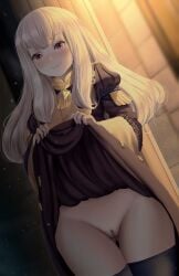 1girls fire_emblem fire_emblem:_three_houses flashing flashing_pussy garreg_mach_monastery_uniform grey_hair ioemi lifted_by_self looking_at_viewer lysithea_von_ordelia nintendo no_panties purple_eyes pussy skirt skirt_lift smile