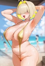 ahoge areola areola_slip areolae armpits arms at background beach behind belly bikini blonde_hair blue blurry blush breasts cleavage colored covered cowboy day elegg_(nikke) eyes female focus fourina girls goddess_of_victory:_nikke hair head huge inner intakes large large_breasts looking mouth multicolored navel nipples ocean oerba_yun_fang oiled_skin one one-piece open outdoors over plump purple short shot skin sky slingshot slip smile solo sweat swimsuit two-tone up viewer