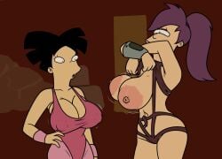 2girls alternate_version_available amy_wong big_breasts black_hair bouncing_breasts breasts canonical_scene cleavage enormous_breasts exposed_breasts female female_focus female_only futurama huge_breasts large_areolae light-skinned_female light_skin motion_lines nipple_bulge nipples terrible_the_drawfag turanga_leela voluptuous voluptuous_female