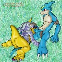 anthro balls claws digimon flamedramon gabumon gay gree interspecies male male_only nude raised_tail tagme