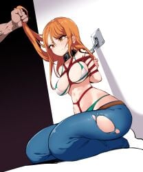 arms_behind_back bdsm_gear bikini bikini_top blush bondage bondage_gear bound breasts cleavage clothing collar female female_focus femsub hair hair_pull human human_only jeans kinbakuman kneeling leash leash_and_collar leashed_collar light-skinned_female light_skin male nami nami_(one_piece) one_piece panties solo solo_female solo_focus swimsuit thick_thighs thighs yellow_eyes