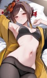 ai_generated armpits beautiful belly belly_button black_bra black_legwear black_panties black_underwear blush blush bra brown_hair chiori_(genshin_impact) genshin_impact gold_clothing hoyoverse imminent_cumshot imminent_sex intimate jacket leggings legwear looking_at_viewer midriff midriff_showing mihoyo navel navel_cutout navel_fetish navel_line navel_outline panties pantyhose pink_body poyon_na red_eyes removing_clothing showing showing_armpits showing_navel showing_off showing_off_armpit slender slender_body slender_waist small_breasts soft_belly titties underwear waist wanting_cum white_body white_skin yellow_clothing