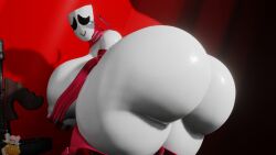 2025 3d ass big_breasts big_butt breasts butt_focus gangle_(feitadenectar) gangle_(the_amazing_digital_circus) glitch_productions gun huge_breasts huge_butt looking_at_viewer looking_back nipples ranged_weapon rear_view smile the_amazing_digital_circus thick_thighs vxast weapon white_body white_nipples