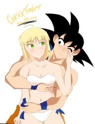 1boy1girl artoria_pendragon black_hair blonde_hair crack_pairing crossover dragon_ball fate/stay_night fate_(series) saber son_goku