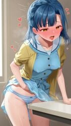 absurdres asymmetrical_bangs belt blue_belt blue_dress blue_hair blue_panties blush bow bow_panties braid breasts buttons clothes_lift commentary_request covered_nipples crotch_rub crown_braid dress dress_lift female female_masturbation full-face_blush hand_on_own_stomach heart highres idolmaster idolmaster_million_live! indoors jacket leaning_forward leaning_on_table lifting_own_clothes masturbation masturbation_through_clothes medium_breasts nanao_yuriko open_clothes open_jacket open_mouth panties pussy_juice pussy_juice_drip_through_clothes pussy_juice_stain short_sleeves solo spoken_heart straight_hair striped_clothes striped_panties sweat table table_humping tearing_up teeth tongue tongue_out toritori_miri underwear upper_teeth_only yellow_eyes yellow_jacket