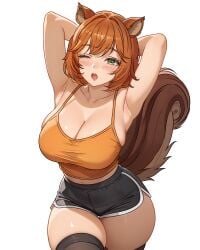 absurdres animal_ears armpits arms_behind_head arms_up black_shorts black_thighhighs blush breasts brown_hair brown_tail camisole cetta_(cettadvd) cleavage commentary dolphin_shorts english_commentary female freckles green_eyes hair_intakes highres large_breasts marvel marvel_rivals one_eye_closed open_mouth paid_reward_available presenting_armpit short_hair short_shorts shorts simple_background skindentation solo squirrel_ears squirrel_girl squirrel_girl_(marvel) squirrel_girl_(marvel_rivals) squirrel_tail tail teeth thick_thighs thighhighs thighs upper_teeth_only white_background yellow_camisole