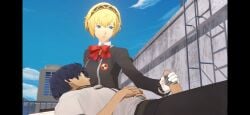 aigis_(persona) anime clothed clothed_handjob handjob huge_cock long_penis makoto_yuki penis_through_clothing penis_through_fly penis_through_hole persona_3 twink