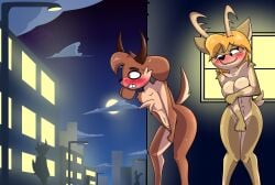 1boy 1girls ariel_(deerkid) birbpan blush both_sexes_in_same_situation breasts capri_(deerkid) covering exhibitionism female furry male nude