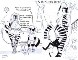 2_panel_comic absurd_res age_difference anthro ass duo english_text hi_res male male/male mammal mephitid oral raised_tail robbiewallace sabrina_online sitting skunk standing tabitha_(sabrina_online) tail text zig_zag