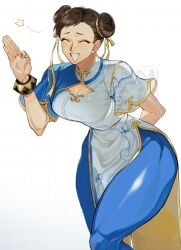 1girls apologizing big_breasts blue_pants bracelet breasts brown_hair china_dress chinese_clothes chun-li closed_eyes commentary_request cropped_legs double_bun dress female grin hair_bun highres jewelry leaning_forward muscular muscular_female nail_polish pants red_nails simple_background smile solo star_(symbol) street_fighter street_fighter_6 thick_thighs thighs trnnmnm4 watermark waving white_background