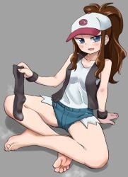 barefoot blush feet foot_fetish foot_focus hilda_(pokemon) holding_sock socks_removed tagme toes