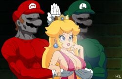 1girls 2boys blonde_hair blue_ear_piercing blue_eyes brown_hair clothing crown ear_piercing facial_hair female gloves green_hat green_shirt grey_body hakimurax hand_up hands_on_breasts hat indoors light-skinned_female light_skin lipstick long_hair luigi male male/female mario mario_(series) meme moustache muscles muscular muscular_male nintendo pink_lipstick pink_string_bikini princess princess_peach royalty servants_holding_aphrodite's_breasts_(meme) shirt voluptuous voluptuous_female white_gloves