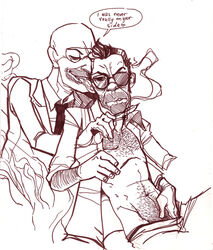 2boys 2d abs balaclava cigarette facial_hair forced_yaoi gloves holding_weapon human human_male human_only knife knifepoint licking_ear male male_only monochrome necktie open_shirt pants_down pecs prawnsy rape sleeves_rolled_up smoke sniper sniper_(team_fortress_2) speech_balloon spy spy_(team_fortress_2) team_fortress_2 tinted_eyewear weapon yaoi