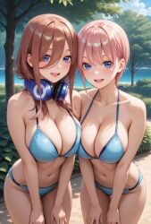 ai_generated bikini blue_eyes blush go-toubun_no_hanayome large_breasts midriff nakano_ichika nakano_miku outdoors pink_hair red_hair sisters smile