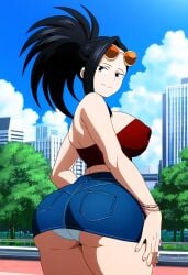 ai_generated anime_screencap big_ass black_eyes black_hair covered_nipples denim_skirt huge_breasts light-skinned_female momo_yaoyorozu my_hero_academia park ponytail selvokaz smile sunglasses_on_head tubetop white_panties