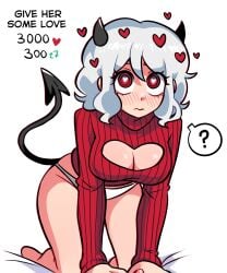 1girls 2025 ? all_fours blush breasts cleavage demon_girl demon_horns demon_tail english_text heart heart-shaped_pupils helltaker horns looking_at_viewer modeus_(helltaker) no_pants osulan panties red_eyes short_hair sweater tagme tail text thighs wavy_mouth white_hair white_panties