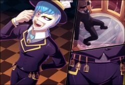 blue_hair cage cage_jewelry clothed crotch dominant_male giant giant_male half_mask implied_vore incredibleediblecalico kidnapped larger_male living_jewelry macro magician male micro minus necklace panic purple_eyes smaller_male suit thief tie top_hat vore youkaichan