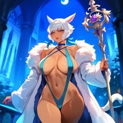 2d ai_generated animal_ears big_breasts cat_ears dark-skinned_female female female_focus female_only final_fantasy final_fantasy_xiv night short_hair sling_bikini solo solo_female solo_focus tagme white_hair y'shtola