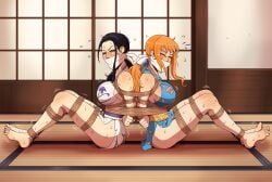 2d 2d_(artwork) 2girls big_breasts blush bondage bondage bound bound_together closed_eyes female female_focus female_only femsub gag gagged human human_only indoors light-skinned_female light_skin looking_at_viewer nami nami_(one_piece) nico_robin one_piece orange_hair rope rope_bondage skelebomb struggling thick_thighs thighs traditional_clothes