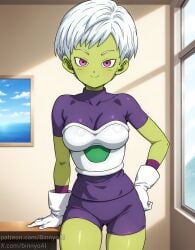 1girls ai_generated breasts cheelai colored dragon_ball dragon_ball_super dragon_ball_super_broly female green_skin happy large_breasts looking_at_viewer pink_eyes skin smile white_hair