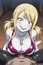 1girl1boy ai_generated black_lips black_lipstick blonde_female blonde_hair blush breasts colored_skin constricted_pupils corrupted corruption corset crazy_eyes cum cum_on_breasts evil_grin evil_smile fairy_tail feet female grey_skin indoors lucy_heartfilia necklace omega_weirdo paizuri pale_skin patreon pov red_eyes rock_of_succubus servicing_from_below skull_earrings smile smiling smiling_at_viewer soles spiked_bracelet titjob titjob twintails