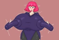 1girls ahe_gao big_areola black_pants blue_shirt blush blush breasts_bigger_than_head colored eyes_rolling_back female female female_focus female_only fully_clothed grabbing_nipples haman_karn huge_breasts huge_nipples hyper_breasts hyper_nipples long_nipples looking_pleasured mobile_suit_gundam motion_lines no_sex noto858 open_mouth pants pink_hair red_background rose_background shaded shirt simple_background solid_color_background solo stretched_shirt tongue_out trembling