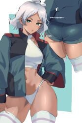 1girl absurdres ahoge artist_name ass asticassia_school_uniform blush breasts commentary_request crotch_seam dark-skinned_female dark_skin green_eyes gundam gundam_suisei_no_majo highres jacket midriff mizuno374 nail_polish school_uniform secelia_dote short_hair shorts sleeveless solo striped_clothes striped_thighhighs tank_top thighhighs twitter_username white_hair white_nails white_tank_top