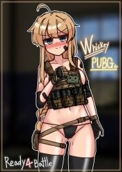 artist_request blonde_hair blush female looking_at_viewer tactical_gear tactical_nudity virtual_youtuber whiskey_project