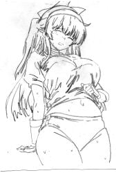 1girls alternate_costume alternate_hairstyle arm_support artist_name big_breasts breasts buruma busty clothes_lift female female_only fingerless_gloves gloves hair_ribbon hi_res highres king_of_fighters large_breasts legs lifted_by_self long_hair looking_to_the_side midriff monochrome nakoruru navel one_eye_closed open_mouth ribbon samurai_shodown shirt shirt_lift sketch snk solo sports_uniform sweat thick_thighs thighs tongue traditional_media twintails very_long_hair voluptuous wide_hips wink