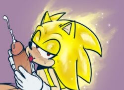 2022 anthro blush bodily_fluids cum duo ejaculation eulipotyphlan first_person_view fur genital_fluids genitals hedgehog hexanne holding_penis human human_on_anthro interspecies licking male male/male mammal oral penile penis penis_lick red_eyes sega sex simple_background sonic_(series) sonic_the_hedgehog_(series) super_sonic tongue tongue_out unavailable_at_source white_background yellow_body yellow_fur