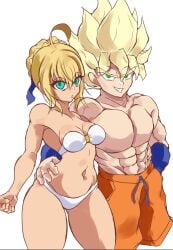 1boy1girl artoria_pendragon black_hair blonde_hair crossover dragon_ball fate/stay_night fate_(series) saber son_goku